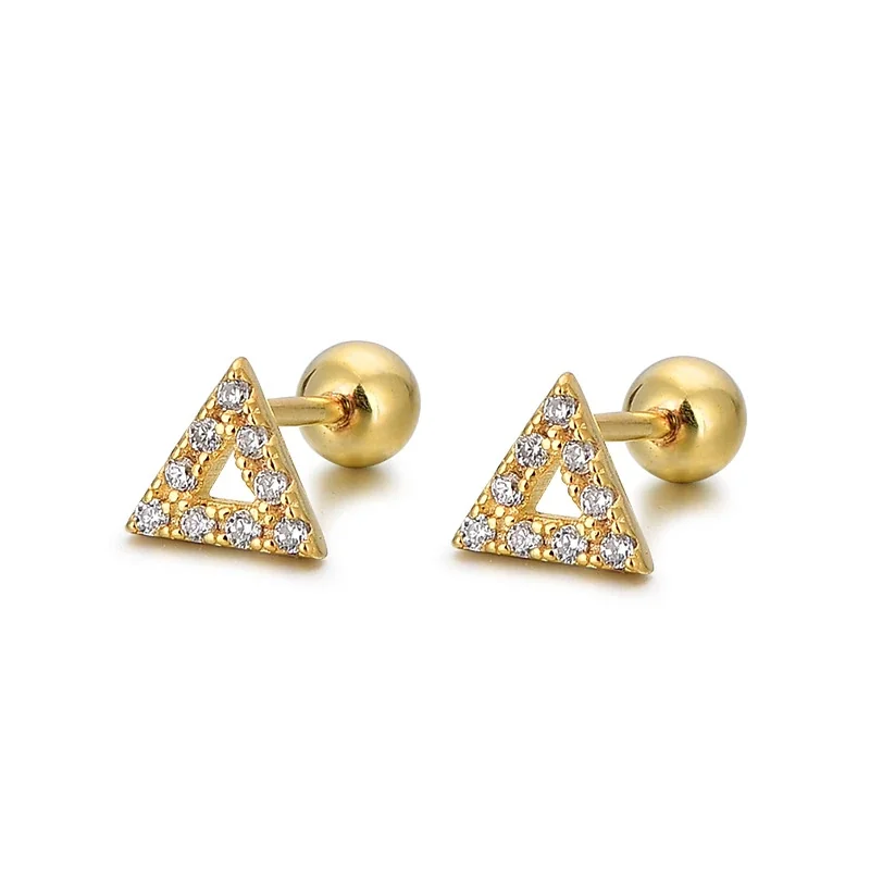 Geometric Open Triangle Pave 925 Sterling Silver Stud Earrings - Gold