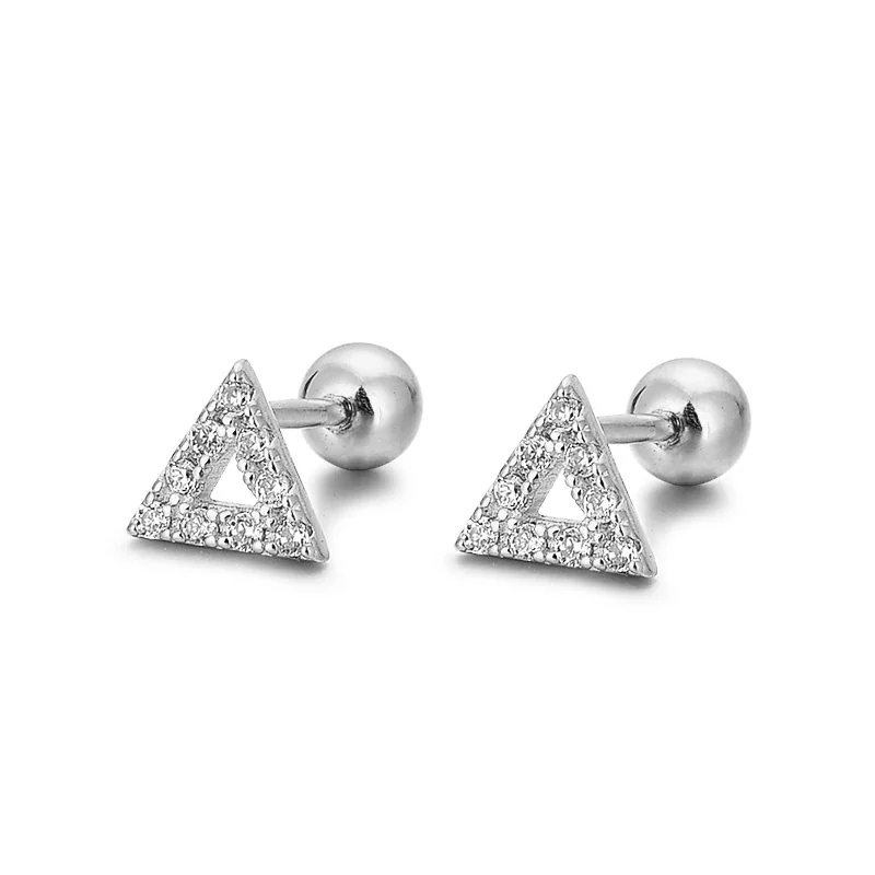 Geometric Open Triangle Pave 925 Sterling Silver Stud Earrings - Silver