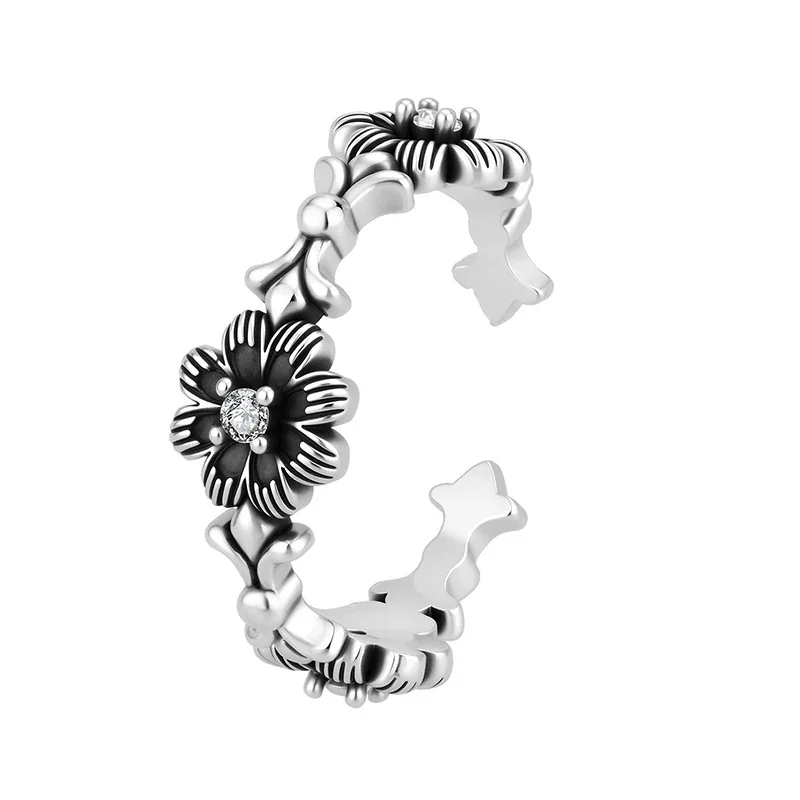 Ornate Silver-Plated Floral Cutout Copper Open Ring