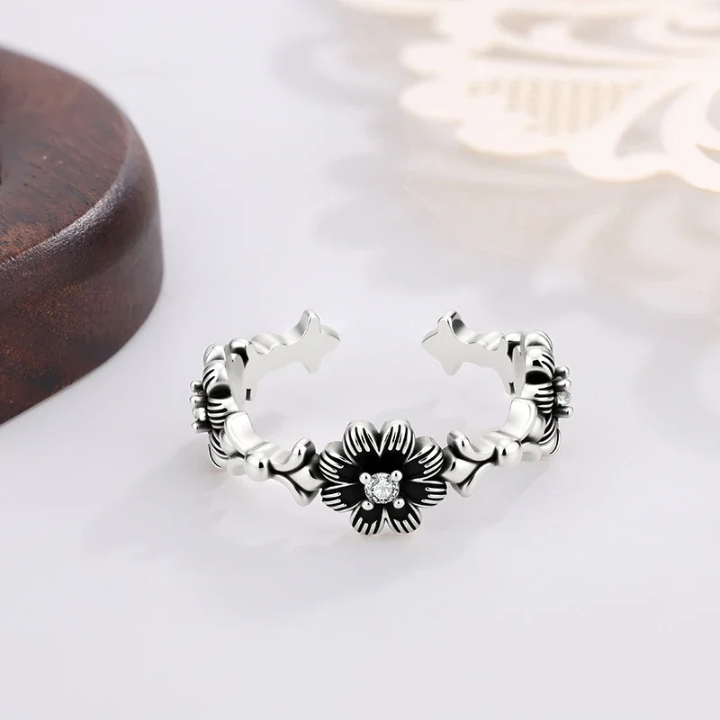 Ornate Silver-Plated Floral Cutout Copper Open Ring