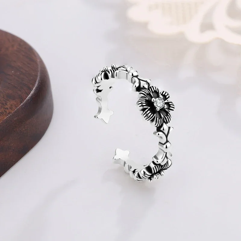 Ornate Silver-Plated Floral Cutout Copper Open Ring