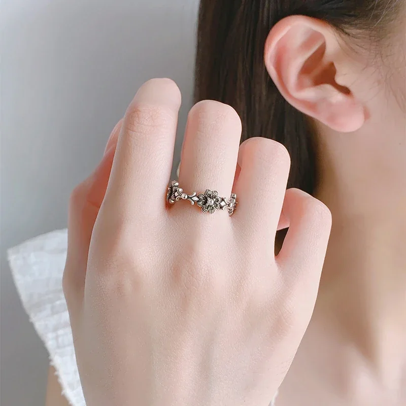 Ornate Silver-Plated Floral Cutout Copper Open Ring