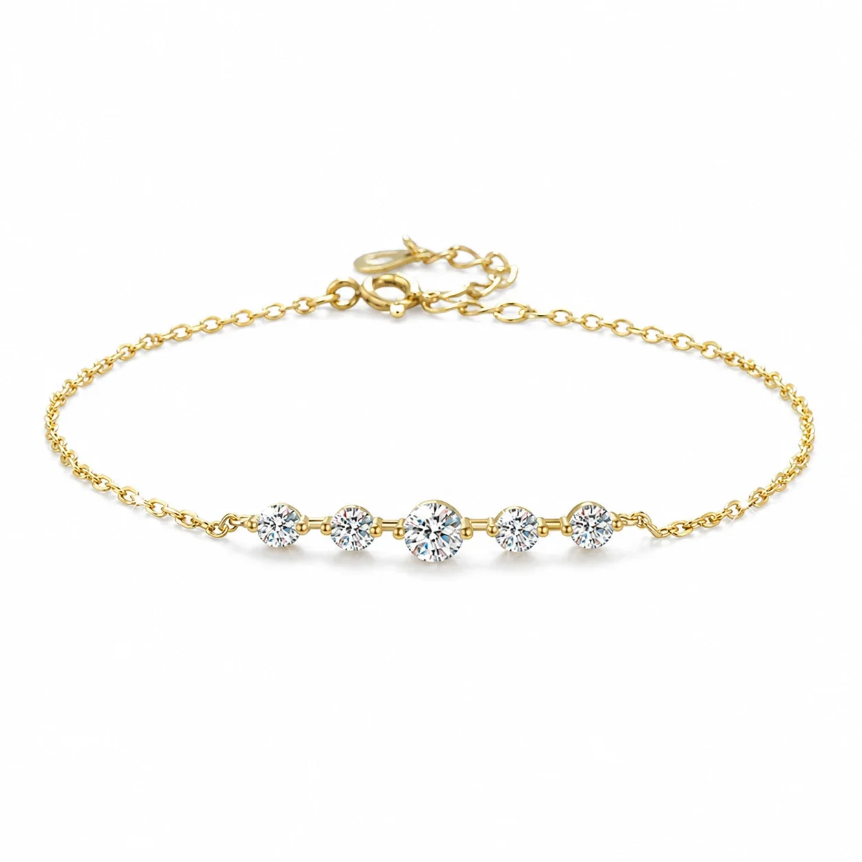 Delicate Gold-Tone Five Round Moissanite 925 Sterling Silver Bracelet
