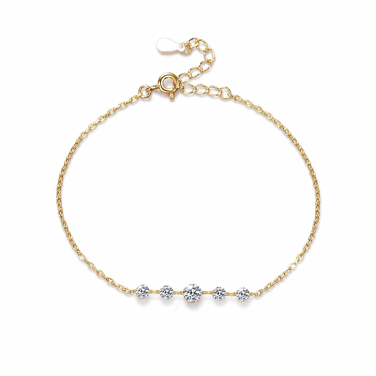 Delicate Gold-Tone Five Round Moissanite 925 Sterling Silver Bracelet
