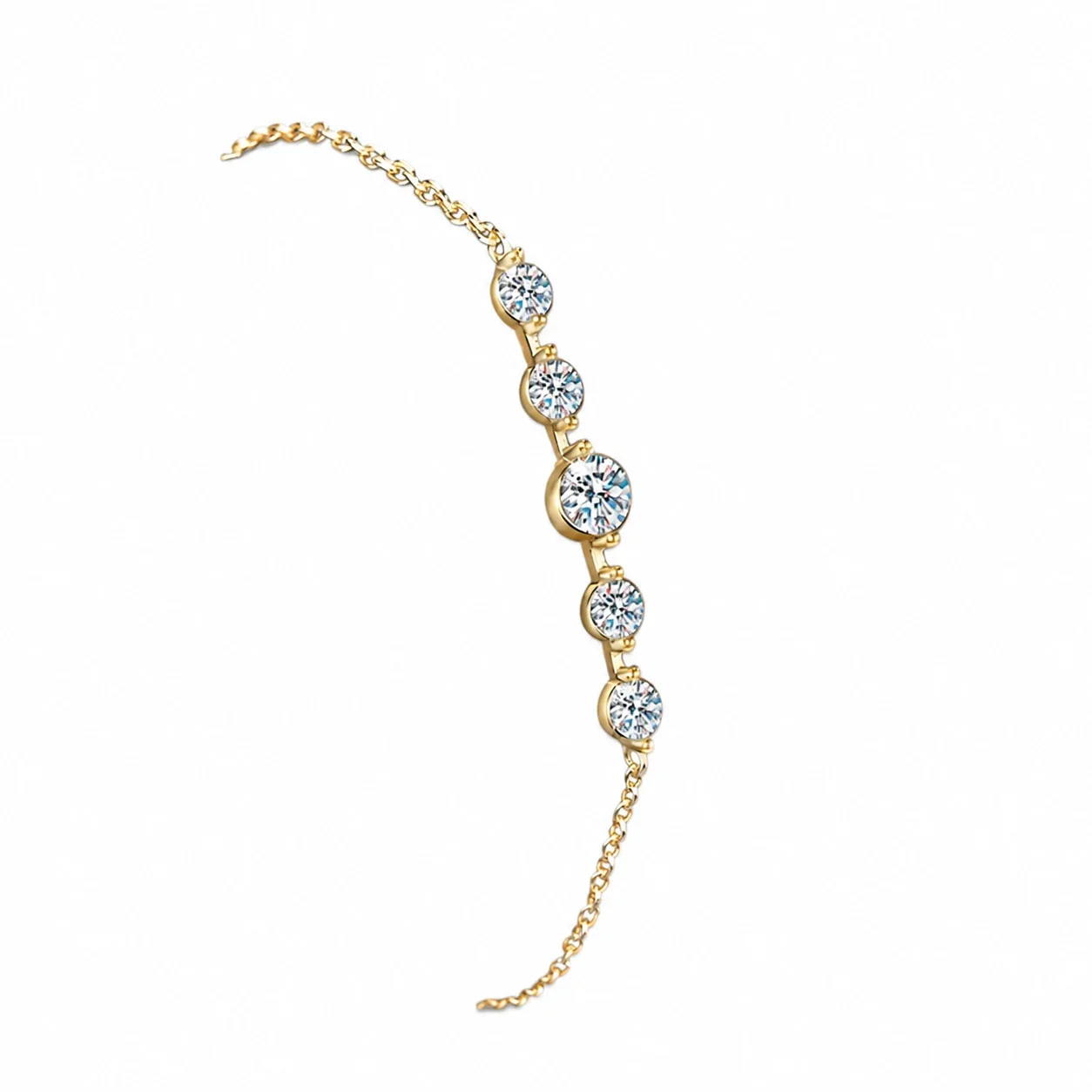 Delicate Gold-Tone Five Round Moissanite 925 Sterling Silver Bracelet