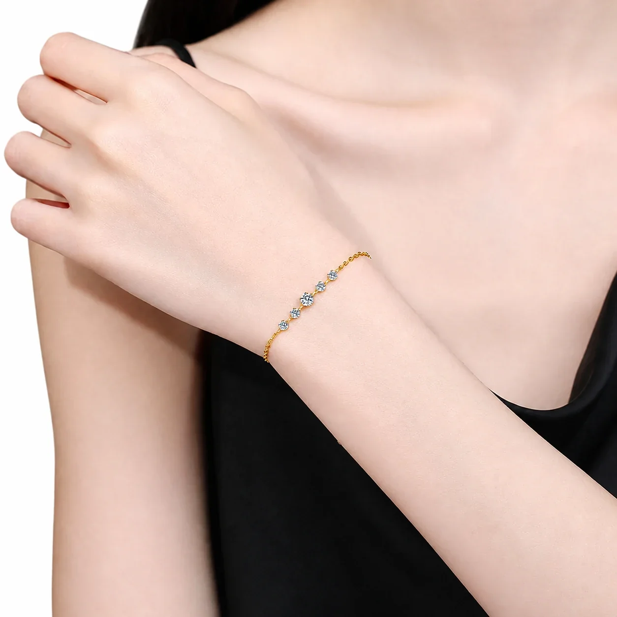 Delicate Gold-Tone Five Round Moissanite 925 Sterling Silver Bracelet