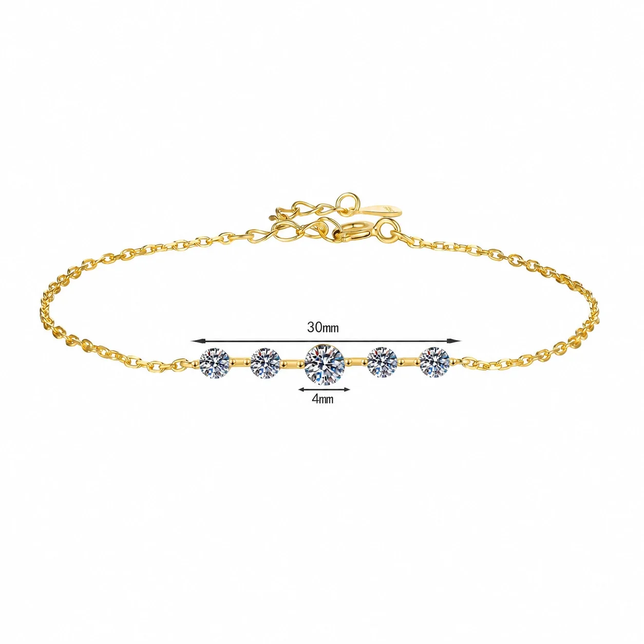 Delicate Gold-Tone Five Round Moissanite 925 Sterling Silver Bracelet - Gold Moissanite