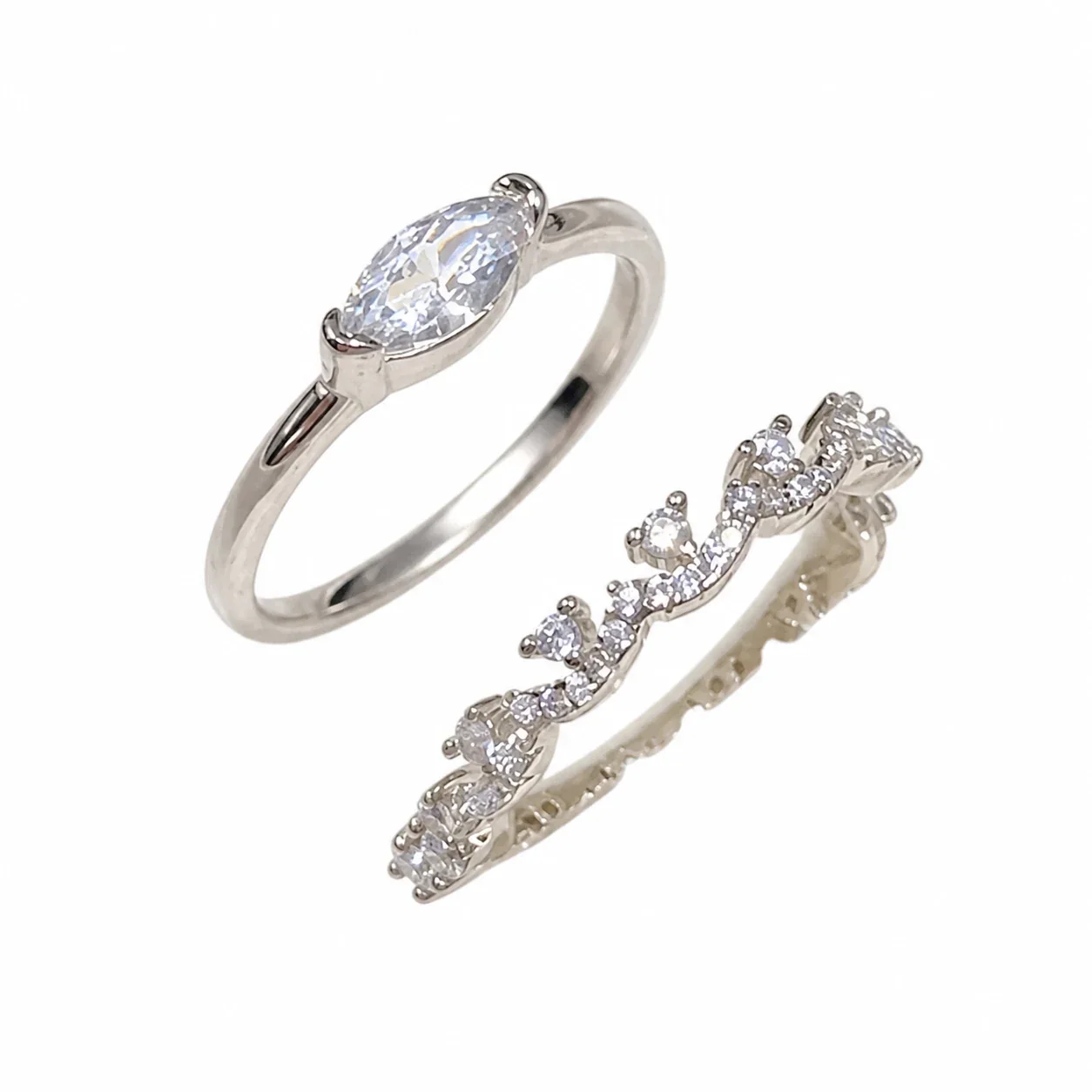Ornate Silver-Plated Lace Crown Crystal Copper Ring