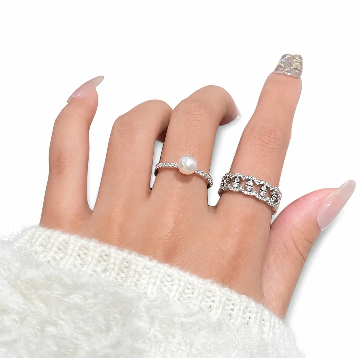 Ornate Silver-Plated Lace Crown Crystal Copper Ring