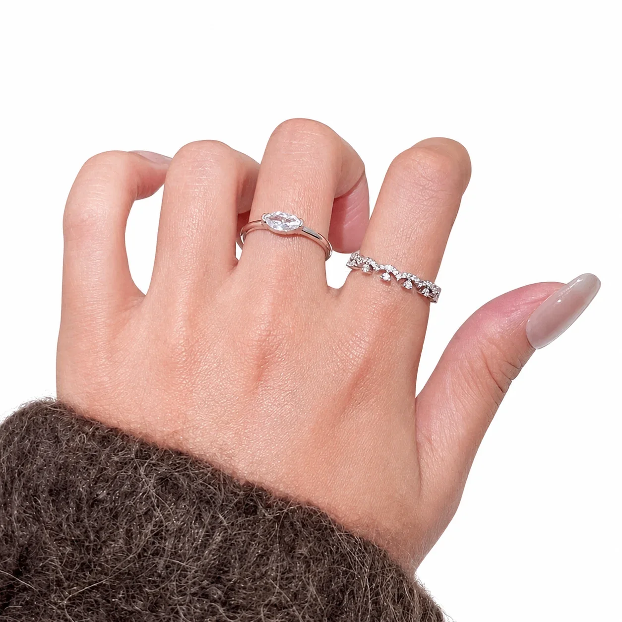 Ornate Silver-Plated Lace Crown Crystal Copper Ring