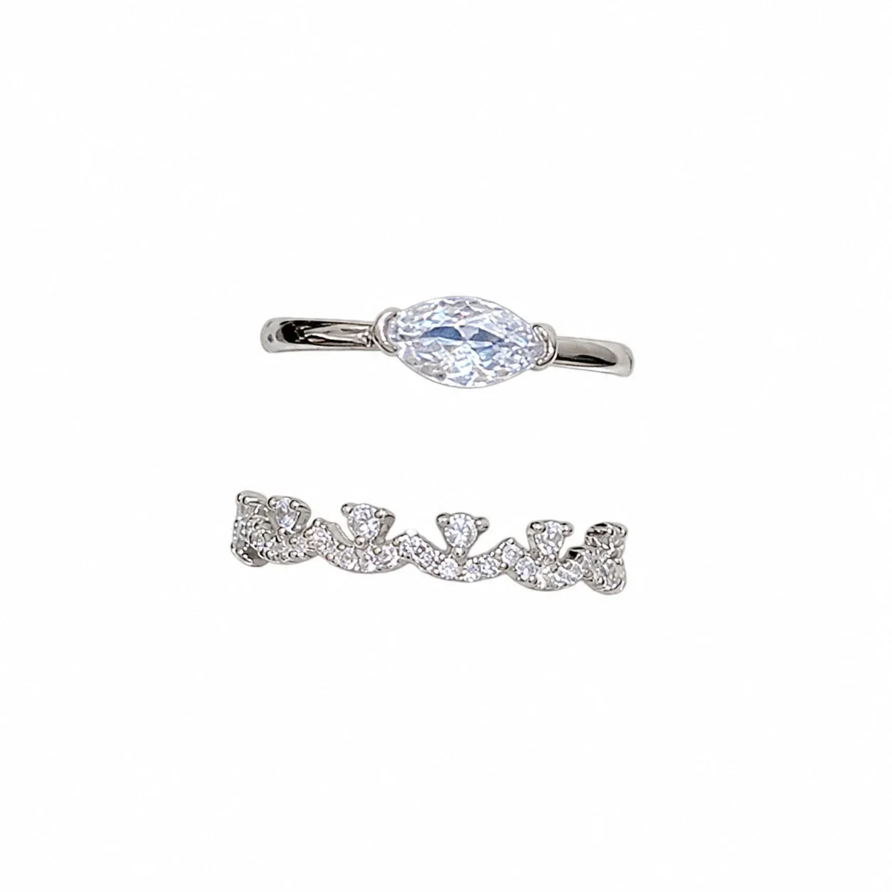 Ornate Silver-Plated Lace Crown Crystal Copper Ring