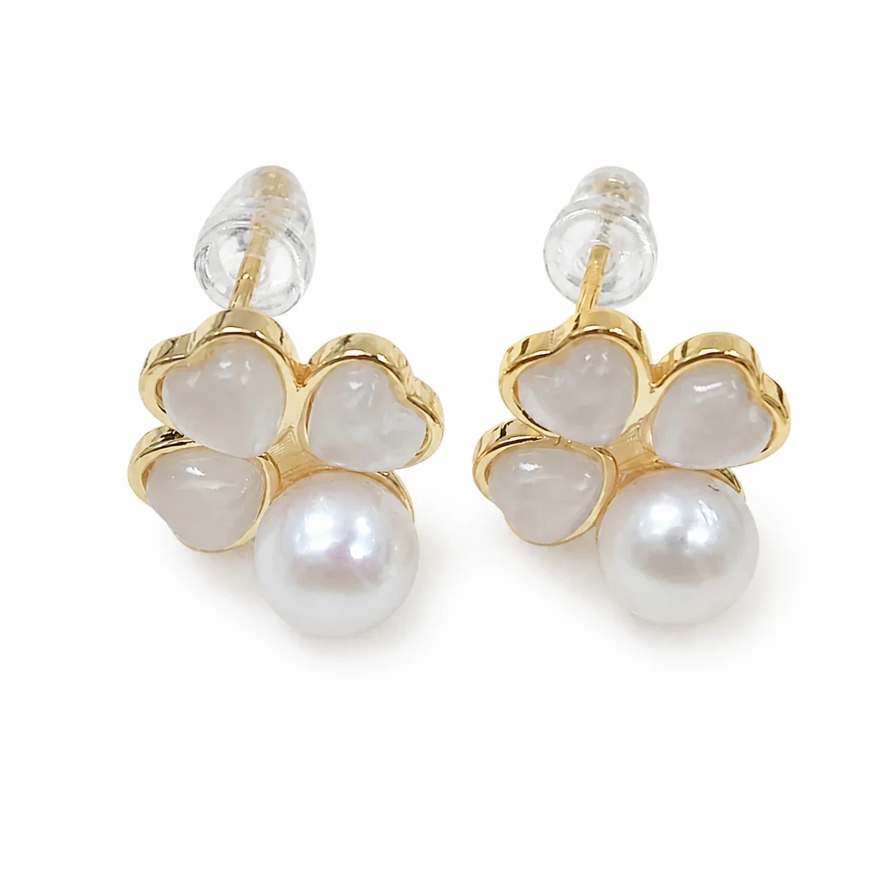 Delicate Gold-Plated Heart Clover Freshwater Pearl Stud Earrings