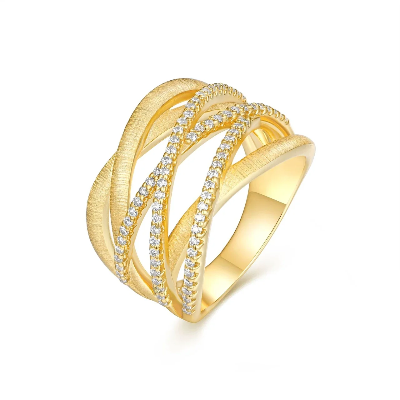 Sculptural Gold-Tone Brushed Pavé Crisscross Moissanite Ring