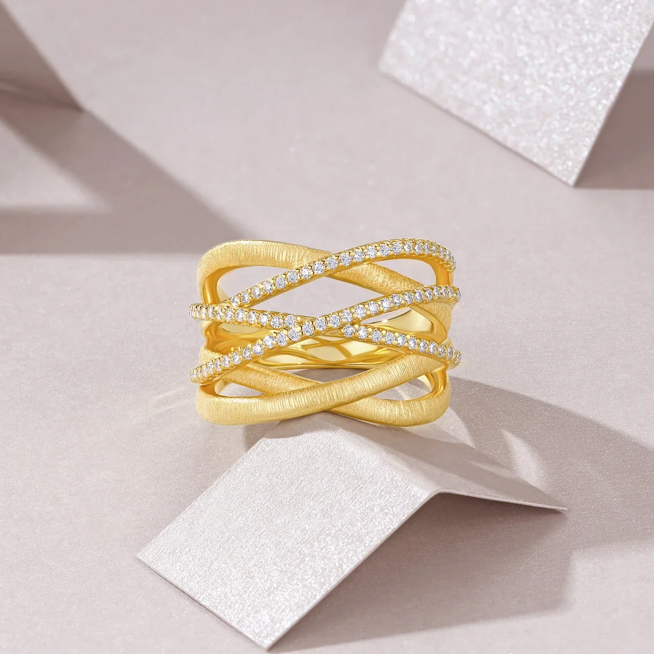 Sculptural Gold-Tone Brushed Pavé Crisscross Ring
