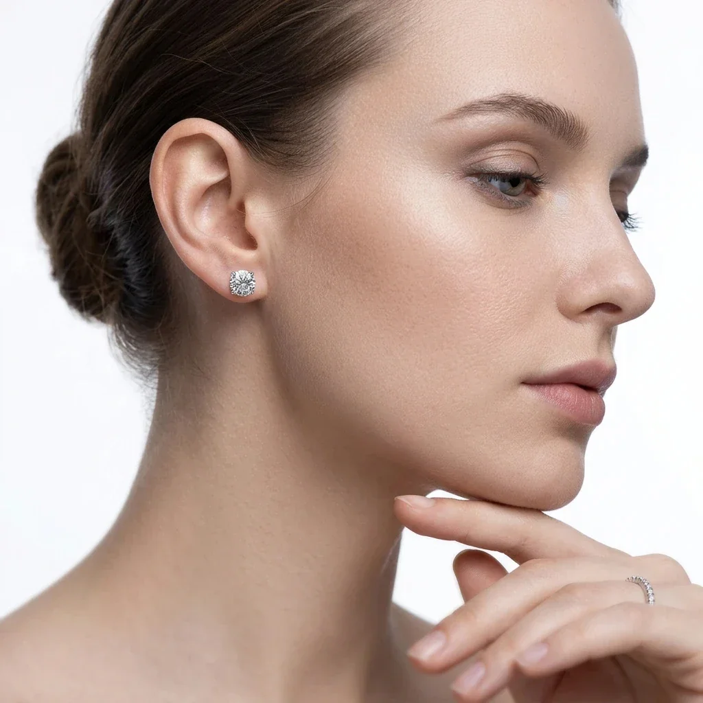 Radiant 925 Sterling Silver Round Four-Prong Basket Stud Earrings