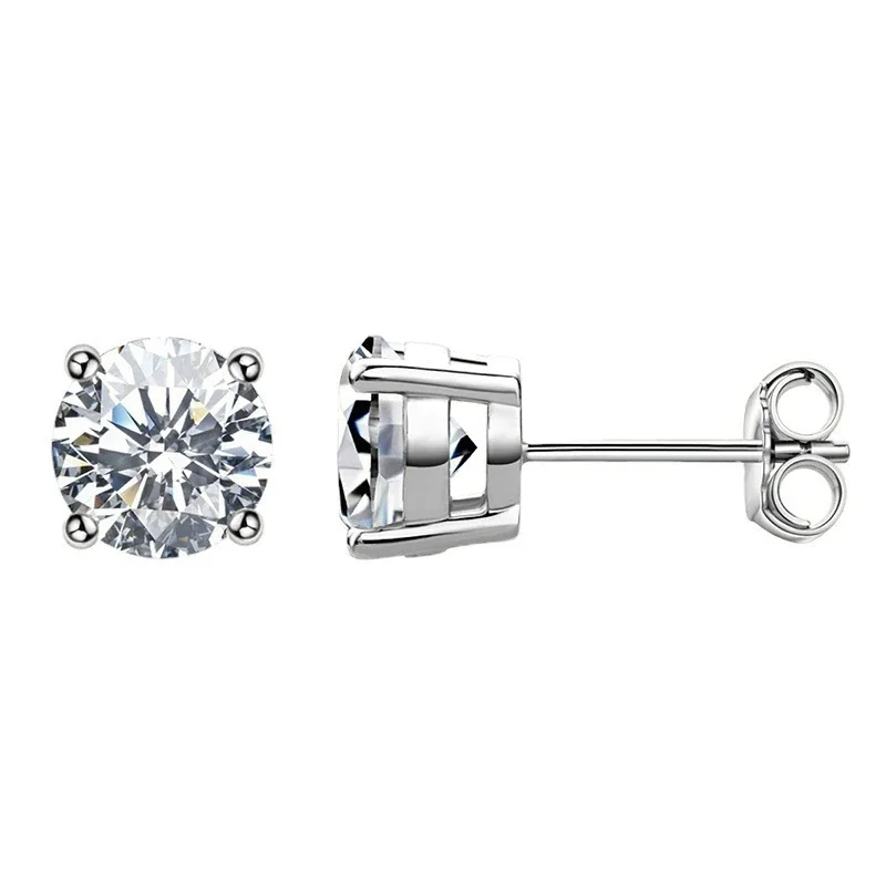 Radiant 925 Sterling Silver Round Four-Prong Basket Stud Earrings - Silver