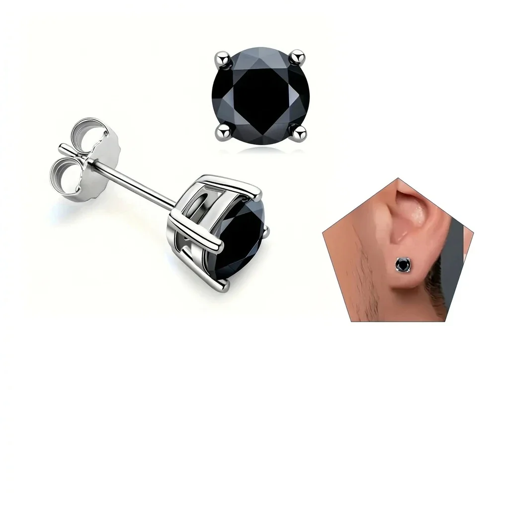 Radiant 925 Sterling Silver Round Four-Prong Basket Stud Earrings - Black Moissanite