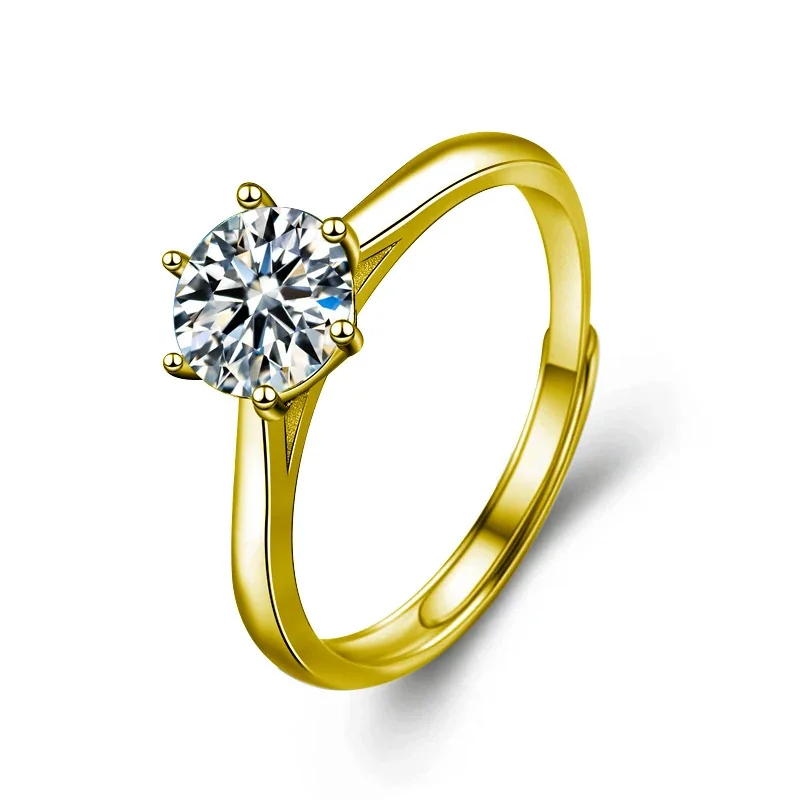 Refined 925 Sterling Silver Six-Prong Split-Shank Ring - Gold Six-Prong Open