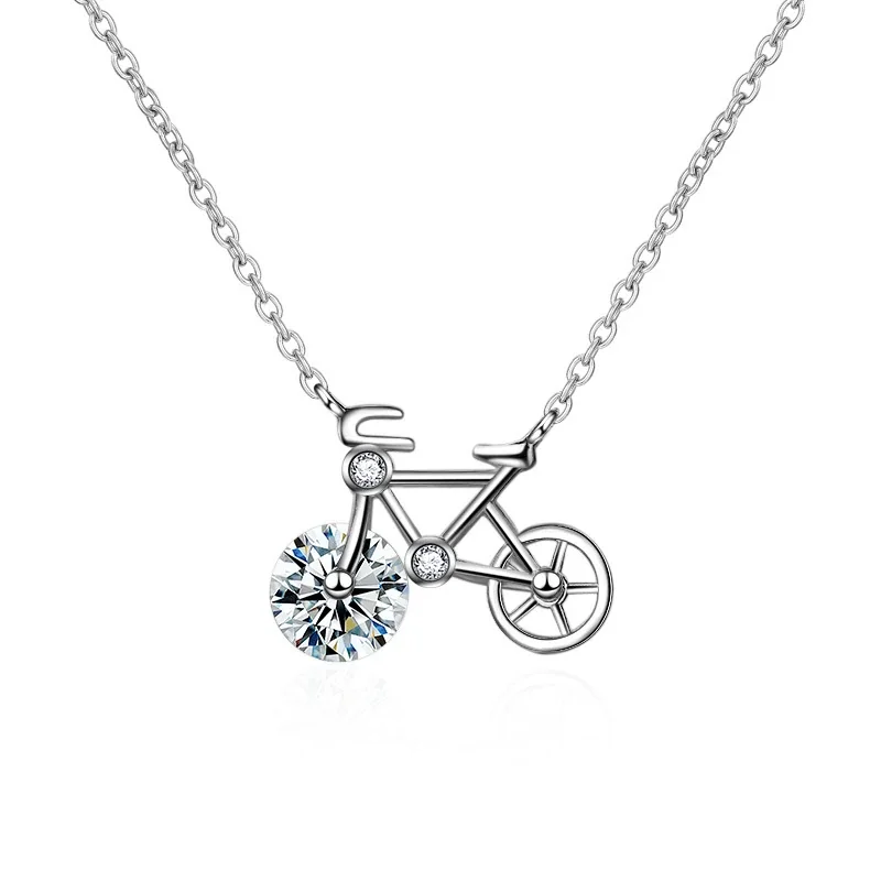 Playful 925 Sterling Silver Bicycle Pendant Spoked Wheel Moissanite Necklace