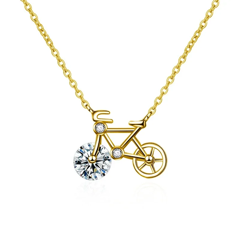 Playful 925 Sterling Silver Bicycle Pendant Spoked Wheel Necklace - Gold
