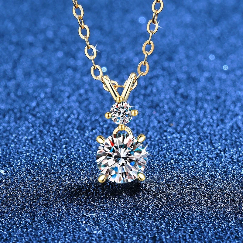 Refined Round Prong-Set 925 Sterling Silver Drop Necklace - Gold Moissanite