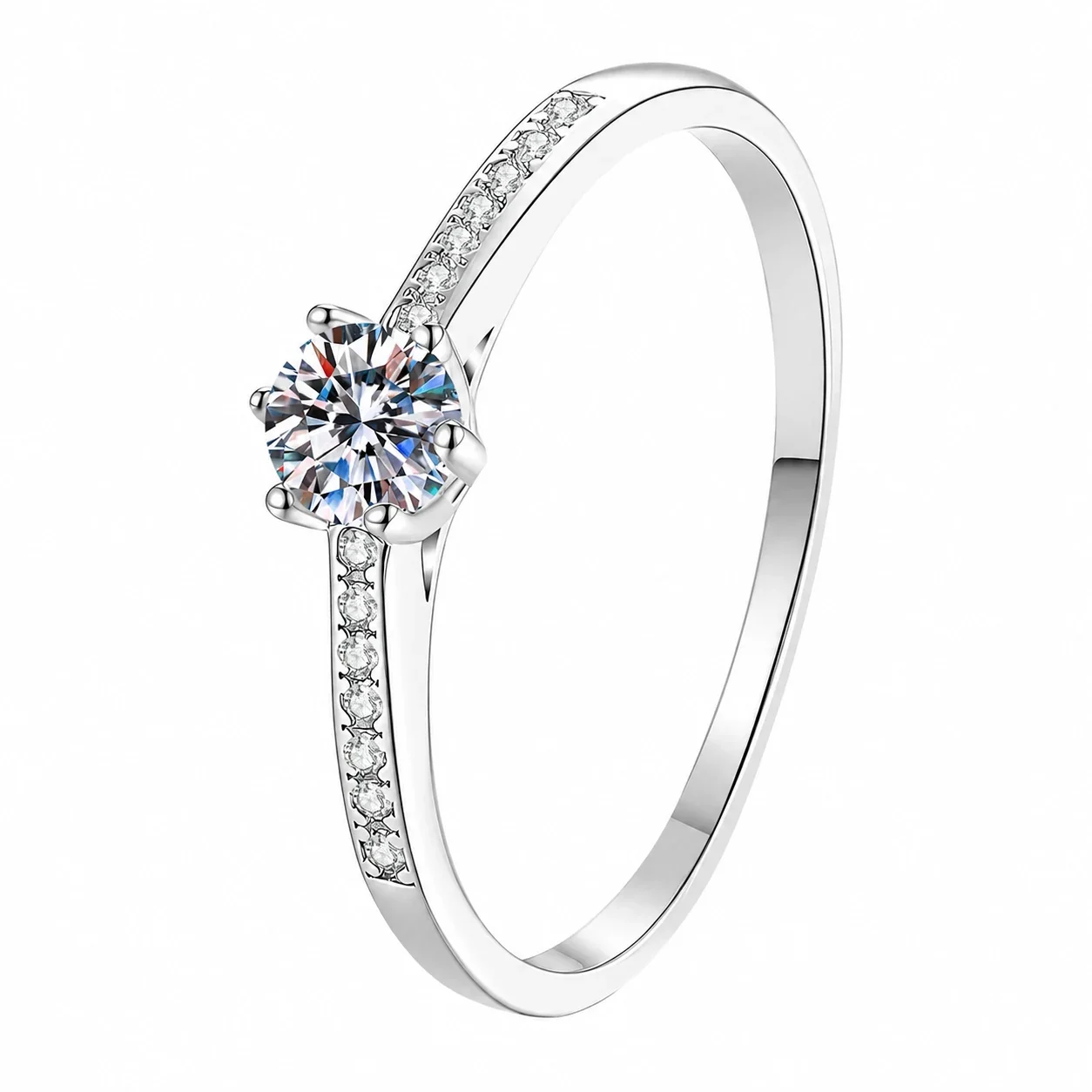 Round Six-Prong 925 Sterling Silver Pavé Moissanite Ring