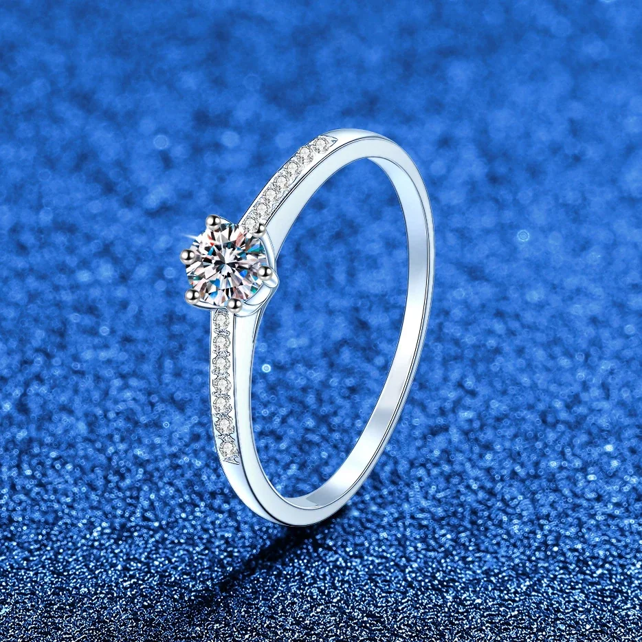 Round Six-Prong 925 Sterling Silver Pavé Moissanite Ring