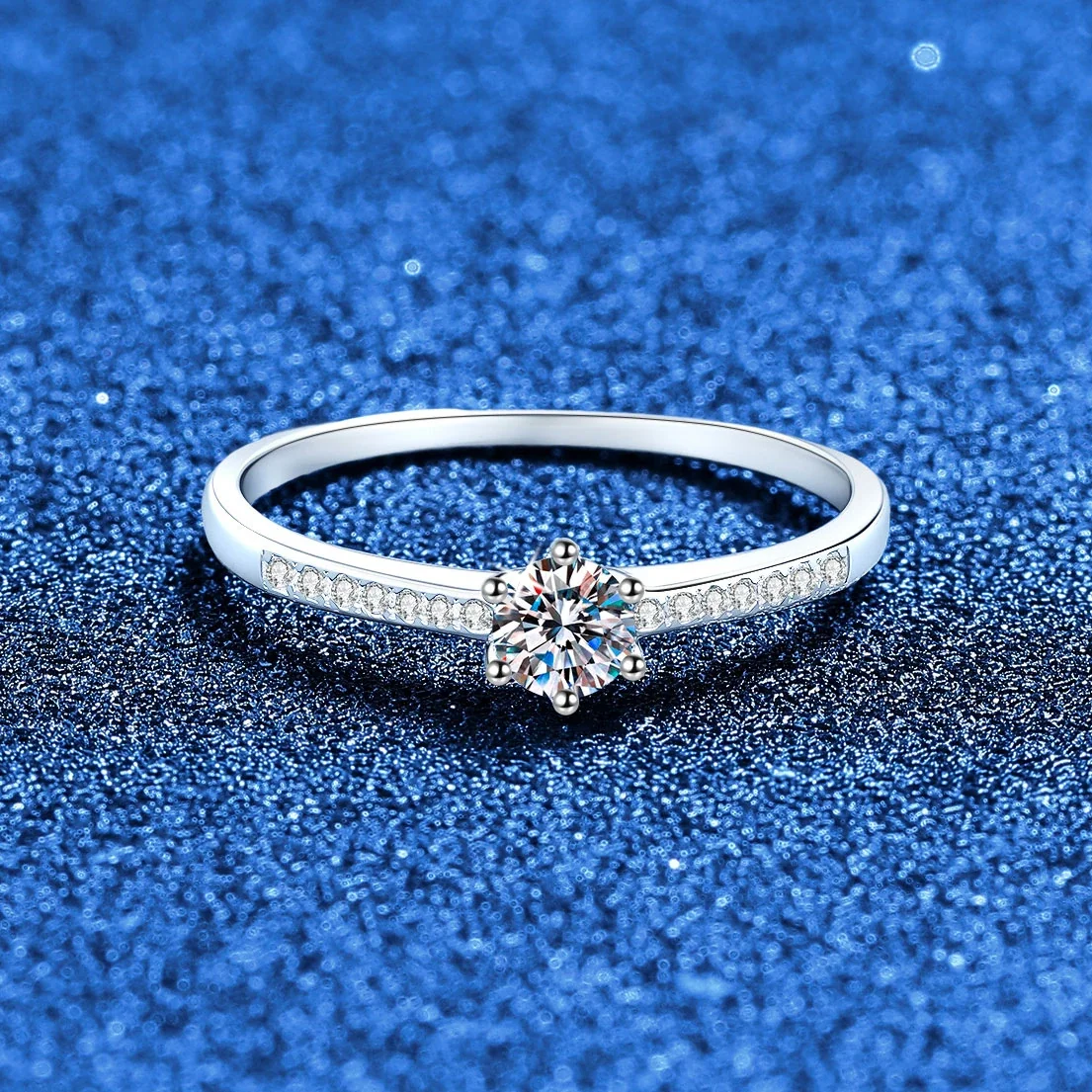 Round Six-Prong 925 Sterling Silver Pavé Moissanite Ring