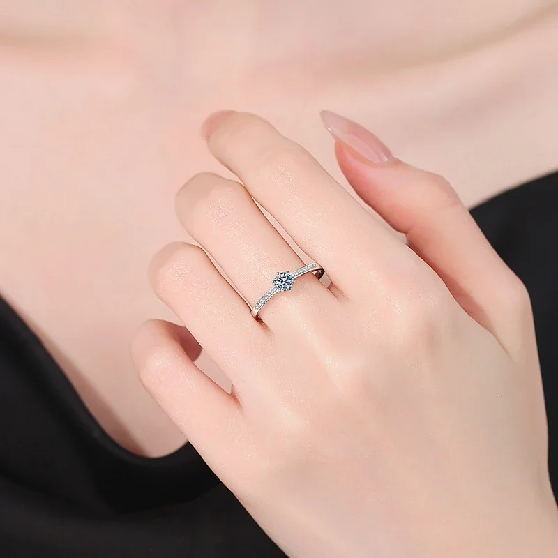 Round Six-Prong 925 Sterling Silver Pavé Moissanite Ring