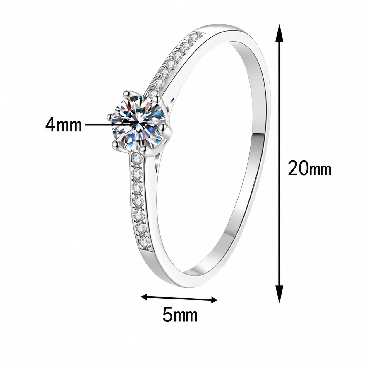 Round Six-Prong 925 Sterling Silver Pavé Moissanite Ring - Silver Moissanite