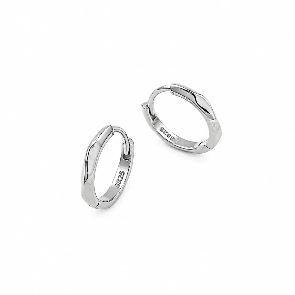 Sculpted Faceted 925 Sterling Silver Huggie Hoop Earrings