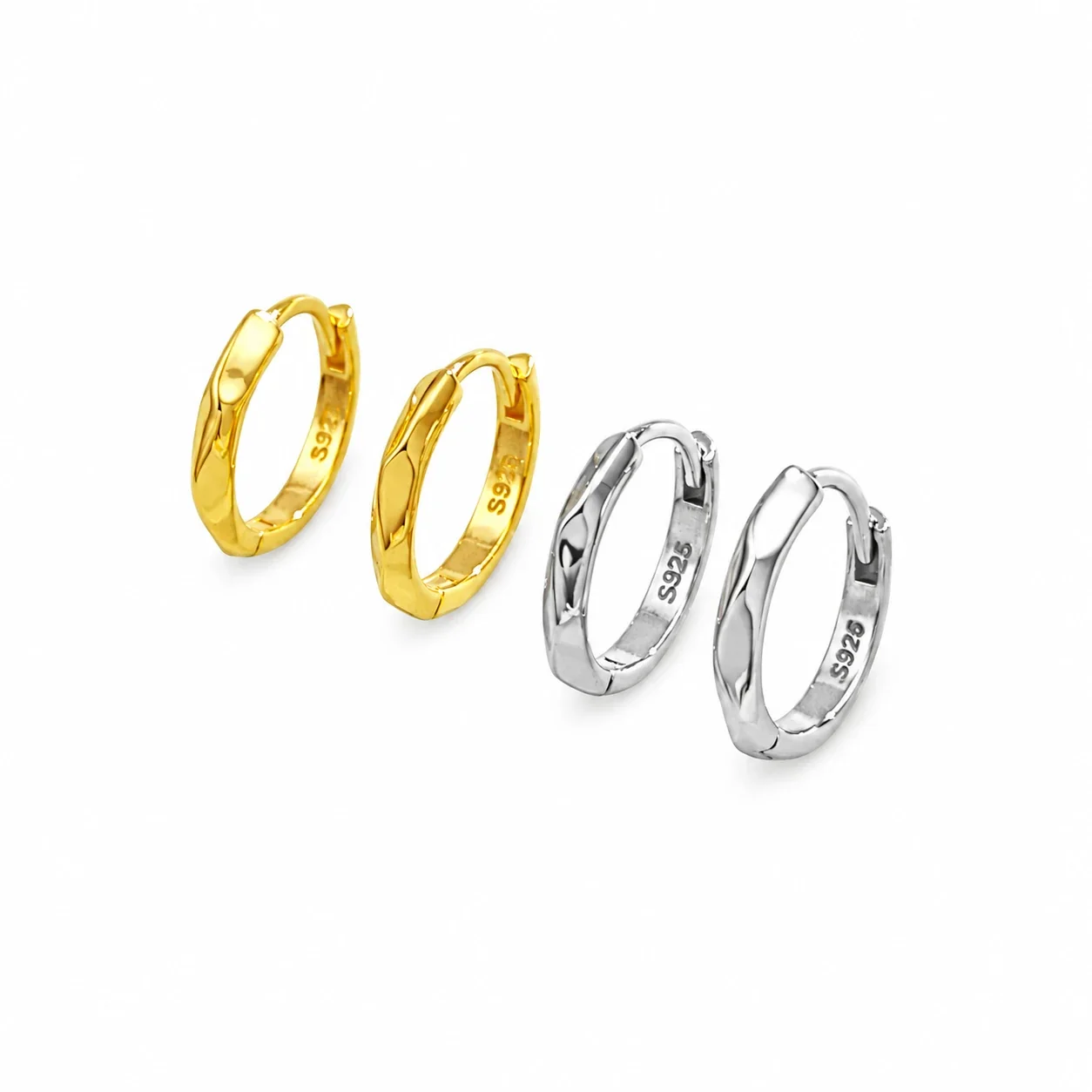 Sculpted Faceted 925 Sterling Silver Huggie Hoop Earrings