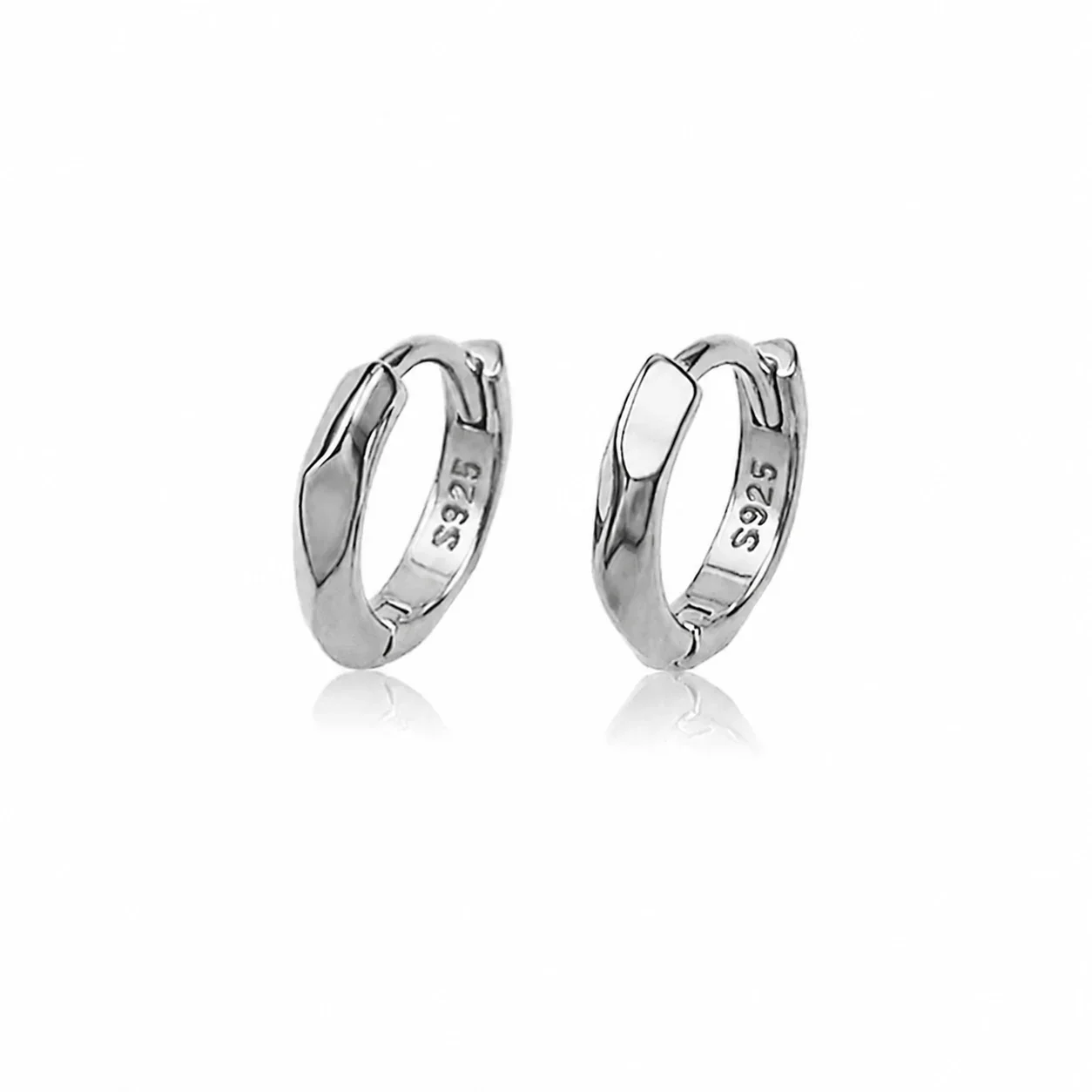 Sculpted Faceted 925 Sterling Silver Huggie Hoop Earrings - Small