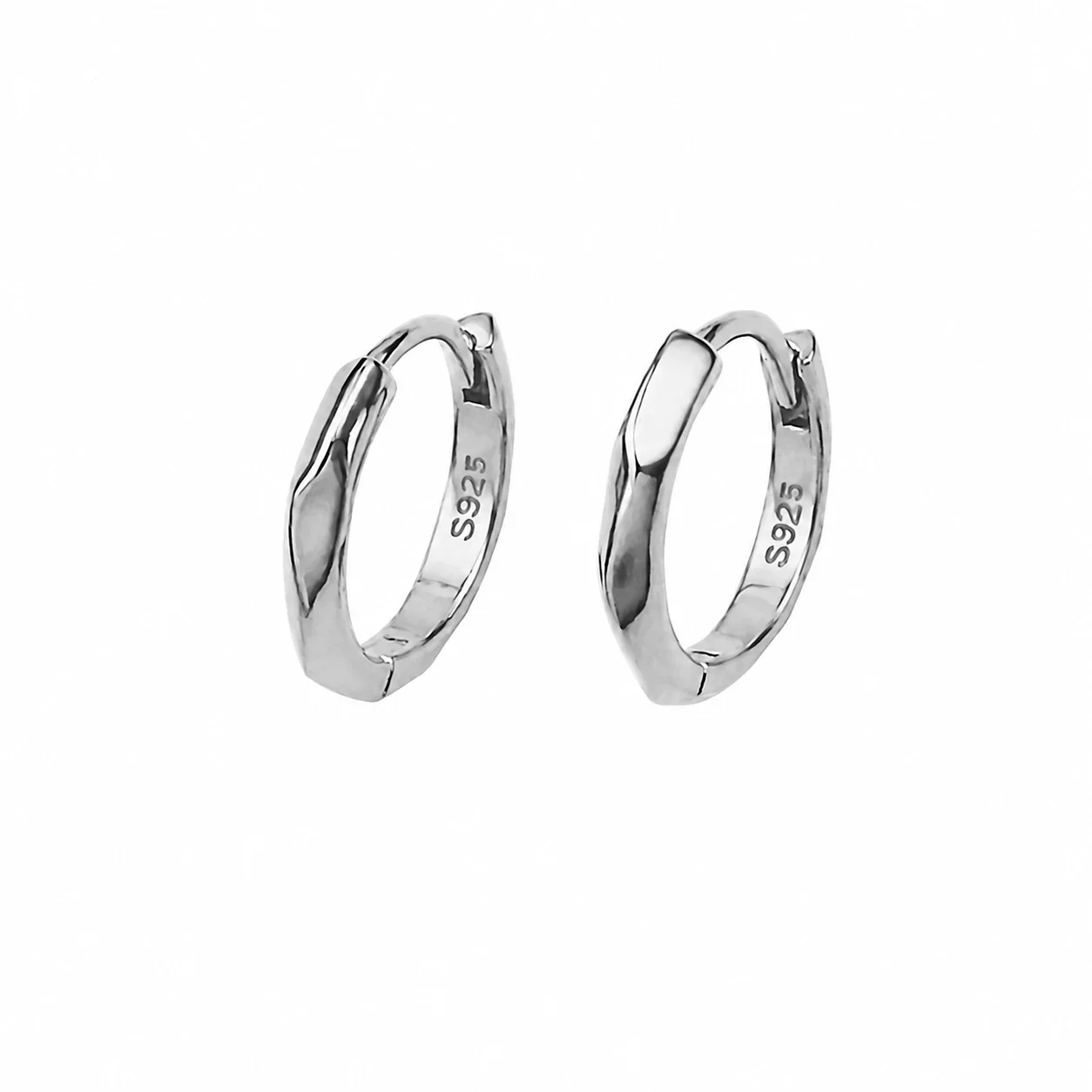 Sculpted Faceted 925 Sterling Silver Huggie Hoop Earrings - Large