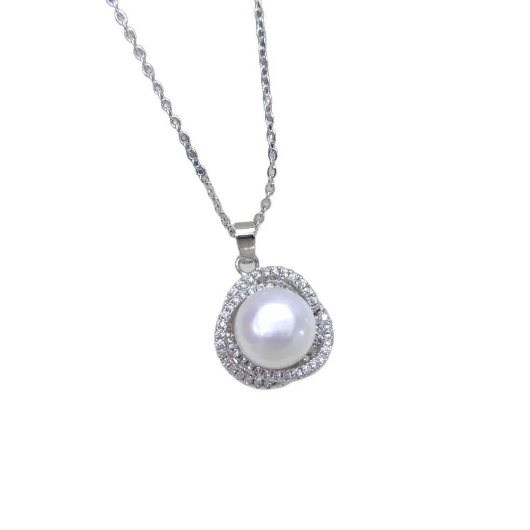 Lustrous Wavy Halo Pearl Pavé Pendant Necklace