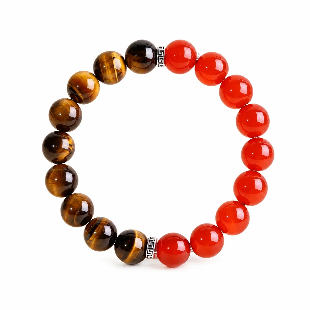 Polished Tiger Eye, Red Agate & Greek Key Bead Bracelet