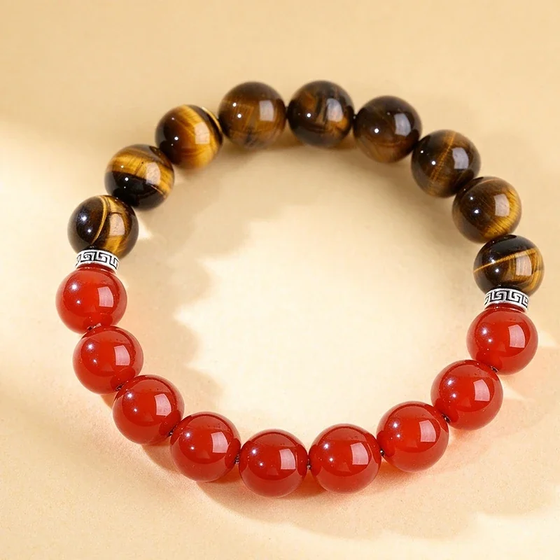 Polished Tiger Eye, Red Agate & Greek Key Bead Bracelet