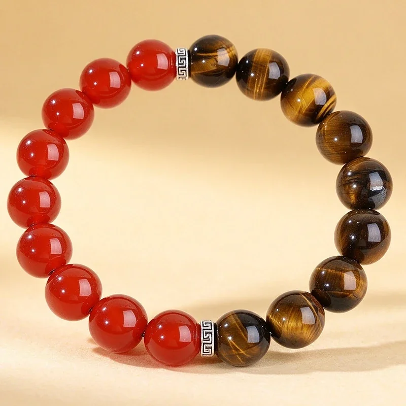 Polished Tiger Eye, Red Agate & Greek Key Bead Bracelet