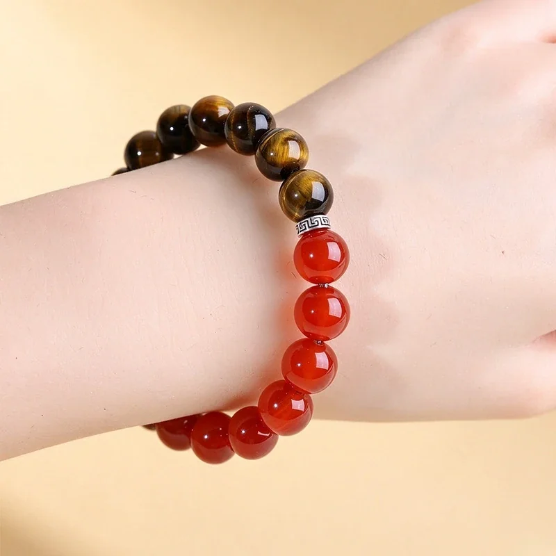 Polished Tiger Eye, Red Agate & Greek Key Bead Bracelet