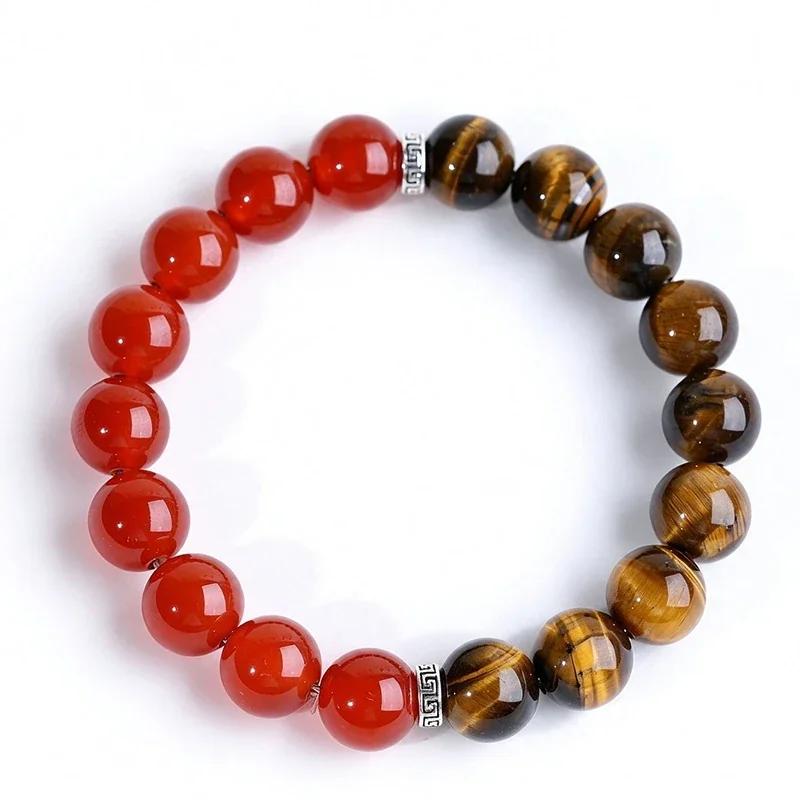 Polished Tiger Eye, Red Agate & Greek Key Bead Bracelet