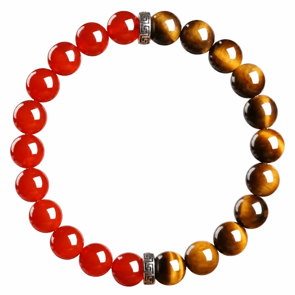 Polished Tiger Eye, Red Agate & Greek Key Bead Bracelet - 8 mm Yellow Tiger Eye & Red Agate Bead