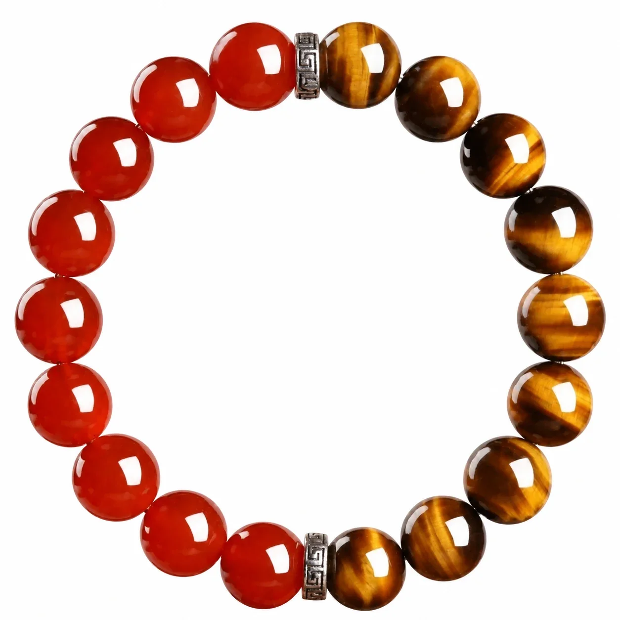 Polished Tiger Eye, Red Agate & Greek Key Bead Bracelet - 10 mm Yellow Tiger Eye & Red Agate Bead
