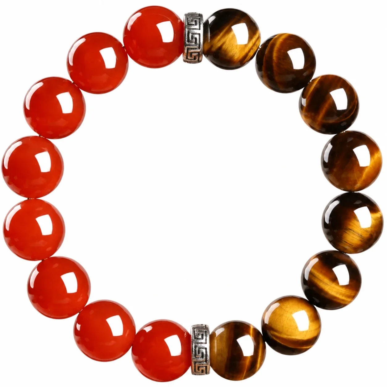 Polished Tiger Eye, Red Agate & Greek Key Bead Bracelet - 12 mm Yellow Tiger Eye & Red Agate Bead