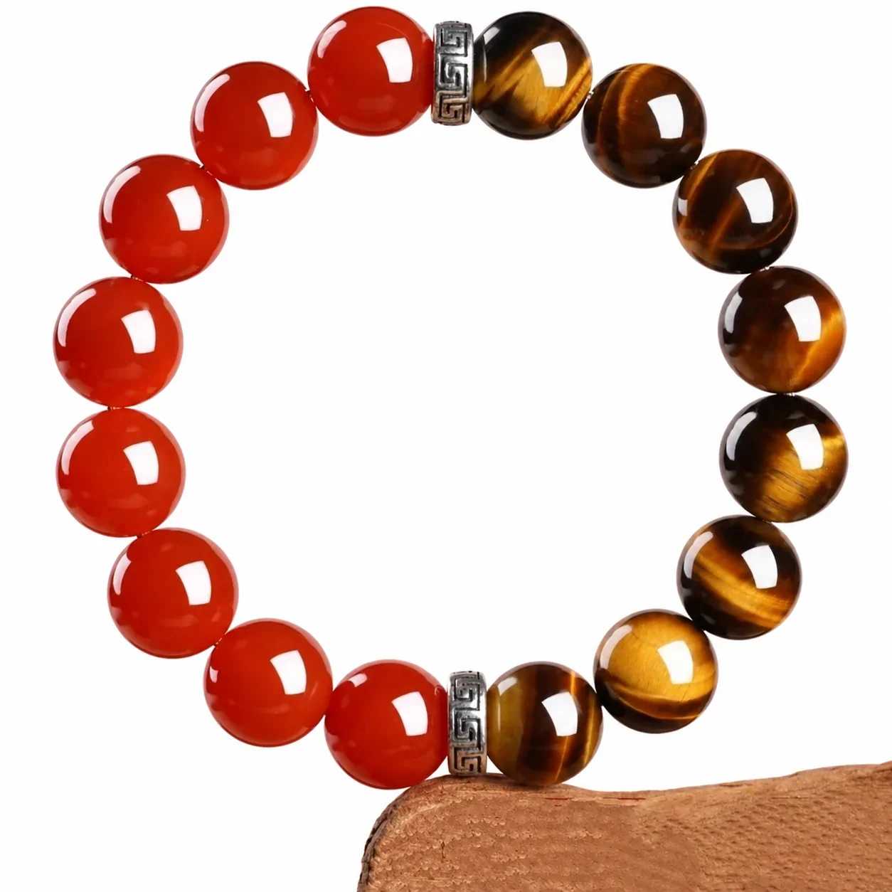 Polished Tiger Eye, Red Agate & Greek Key Bead Bracelet - 14 mm Yellow Tiger Eye & Red Agate Bead