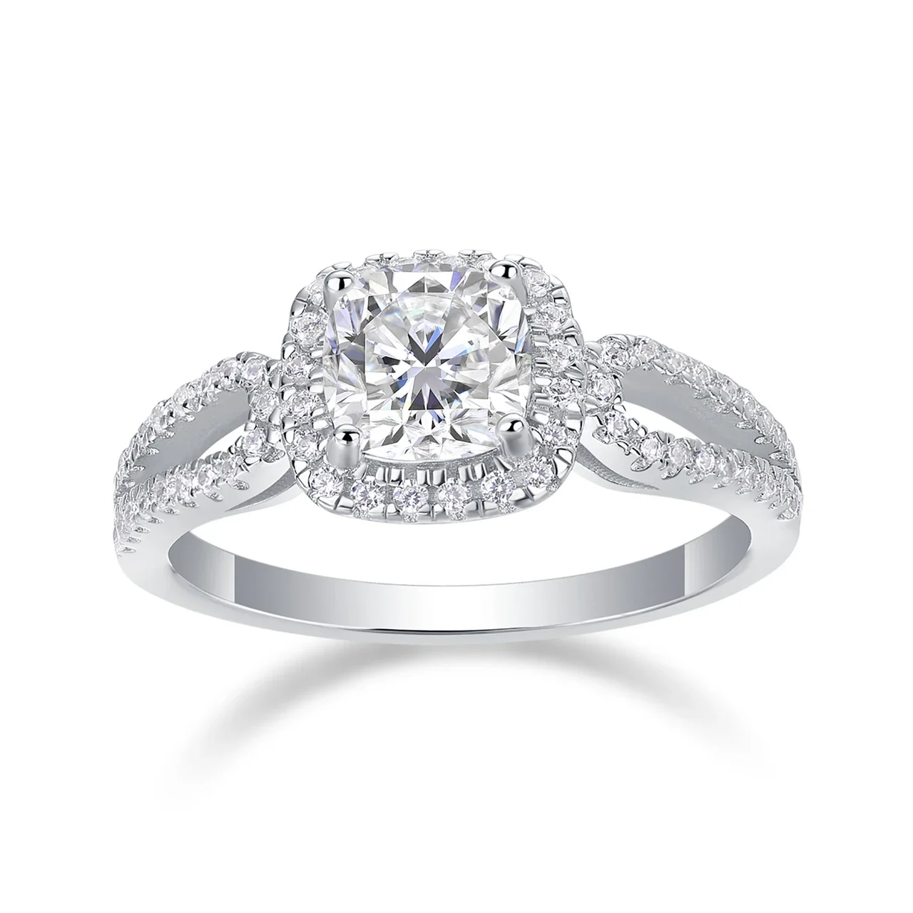 Radiant 925 Sterling Silver Cushion Halo Split-Shank Moissanite Ring