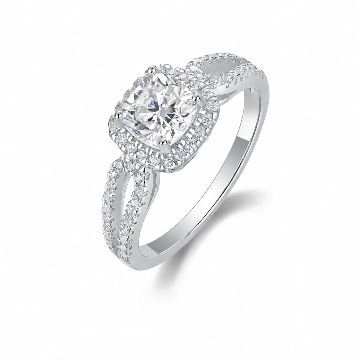 Radiant 925 Sterling Silver Cushion Halo Split-Shank Ring
