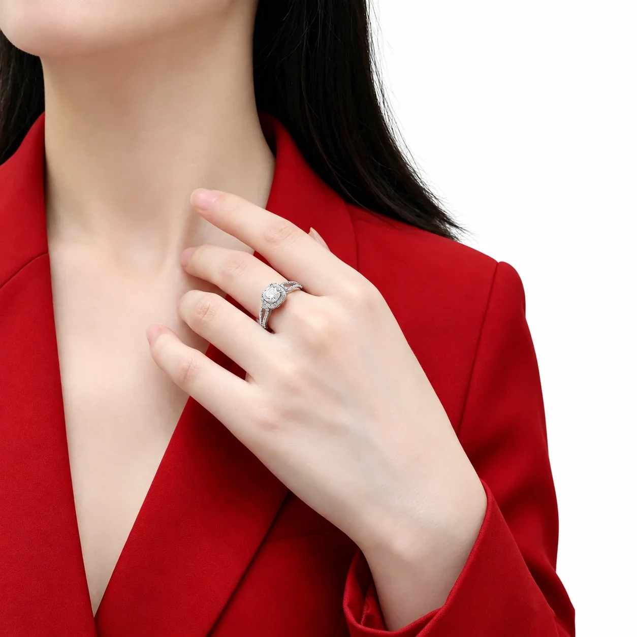 Radiant 925 Sterling Silver Cushion Halo Split-Shank Ring