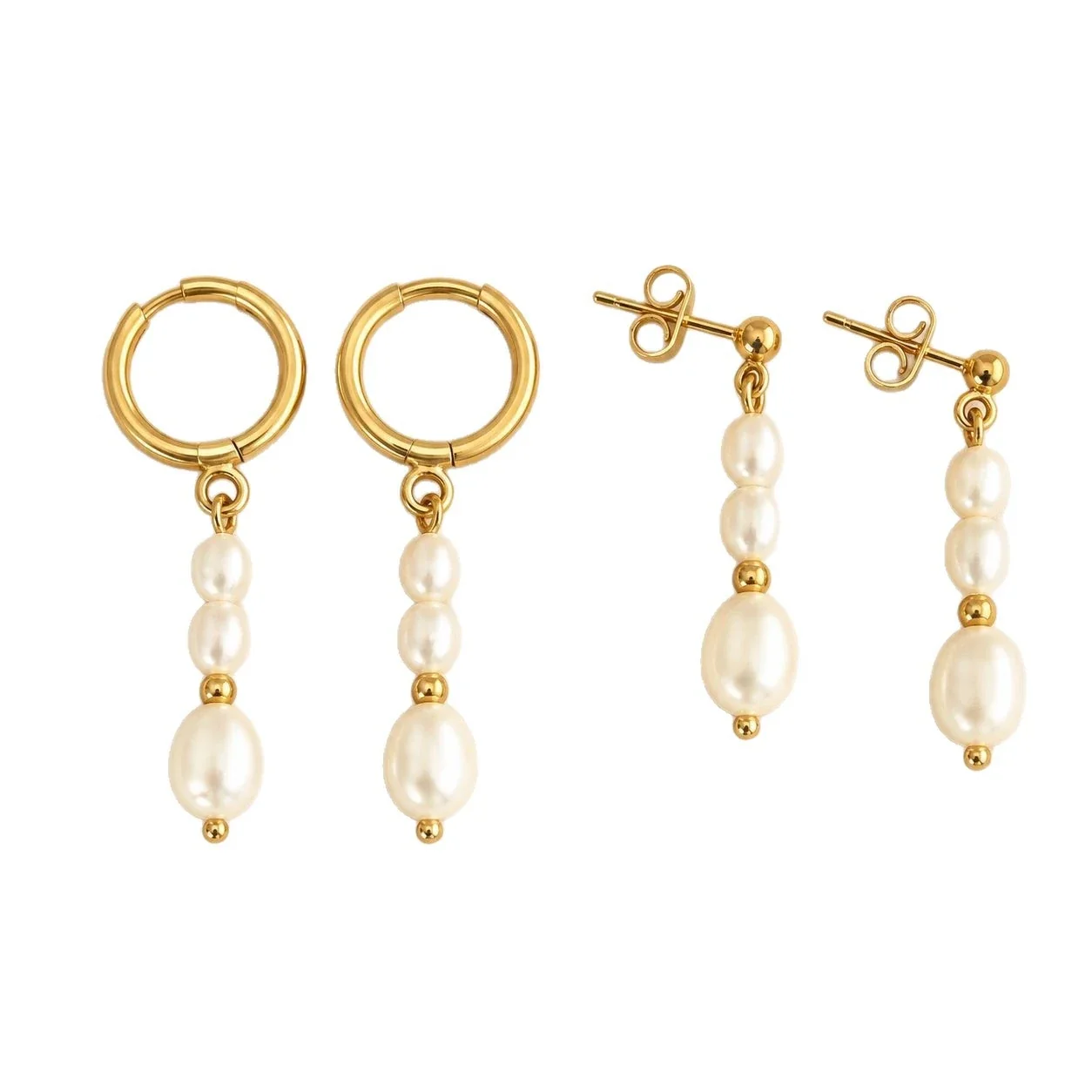 Triple Freshwater Pearl Gold-Plated Stainless Steel Drop Earrings