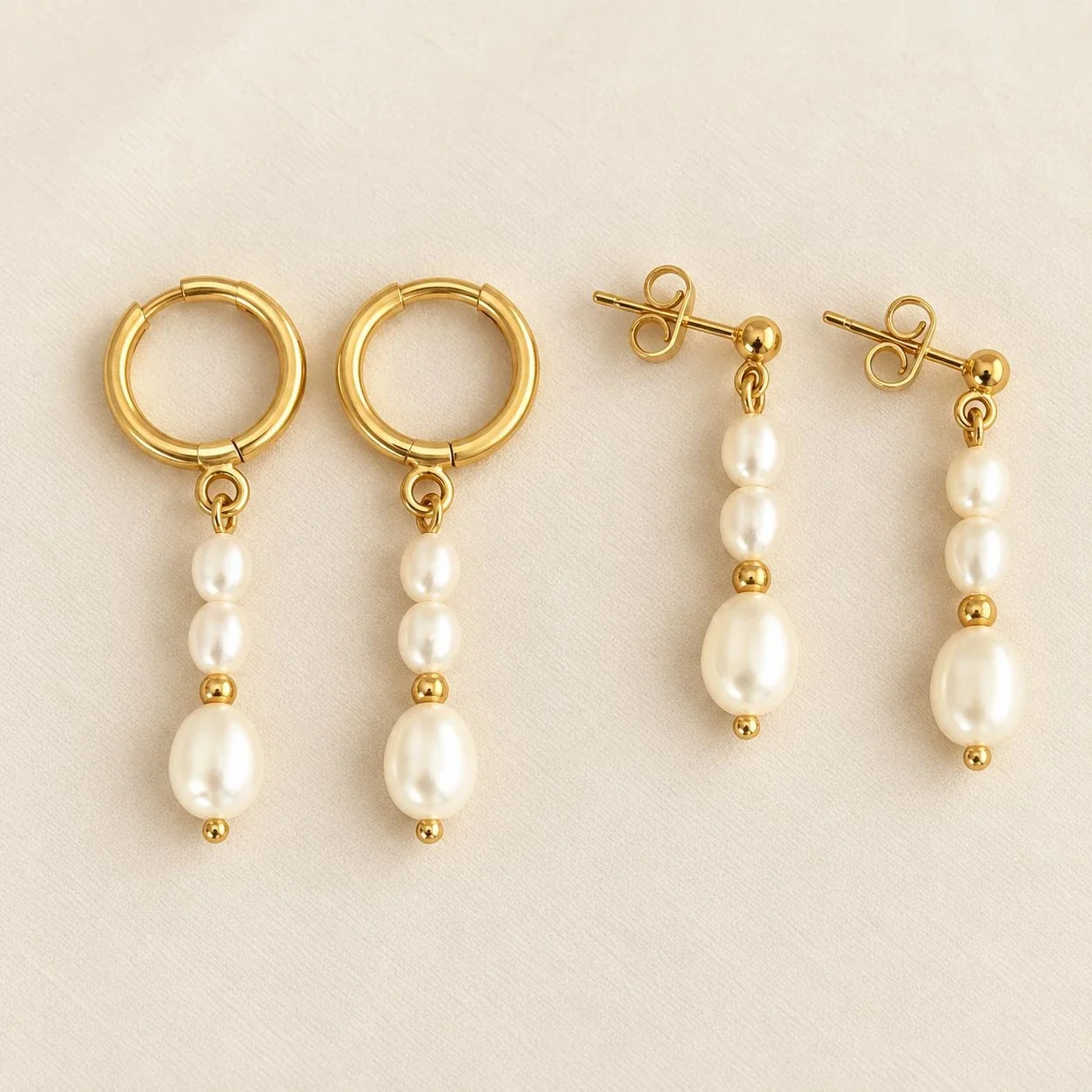 Triple Freshwater Pearl Gold-Plated Stainless Steel Drop Earrings