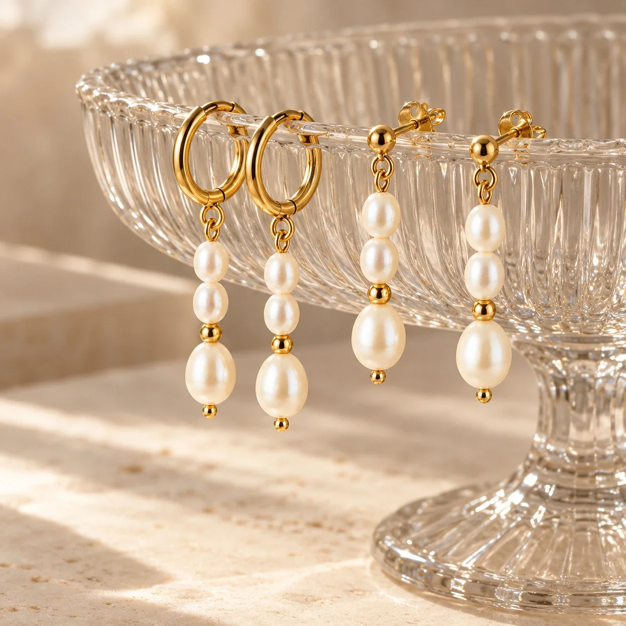 Triple Freshwater Pearl Gold-Plated Stainless Steel Drop Earrings